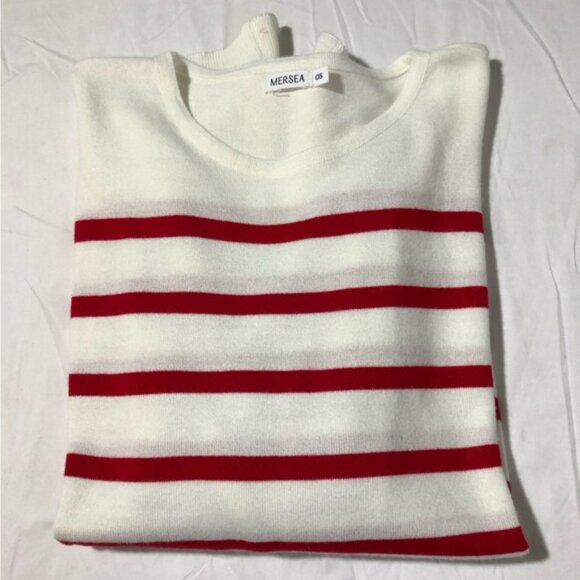 Mersea womens catalina OS red striped blue heart elbow patches pullover sweater - Picture 11 of 11